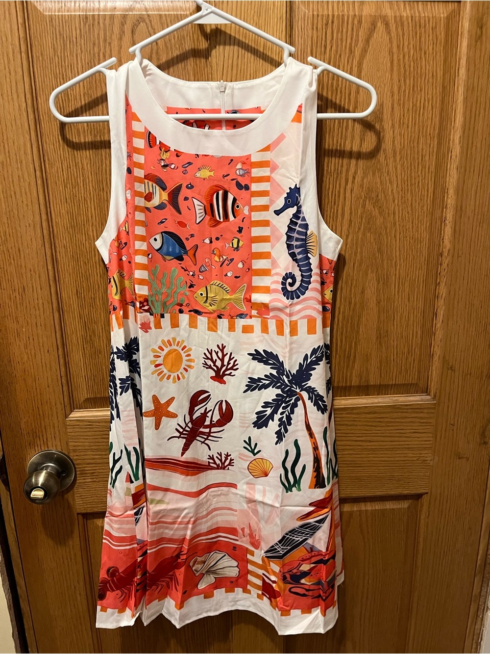 Coral & White Ocean Print Midi Dress